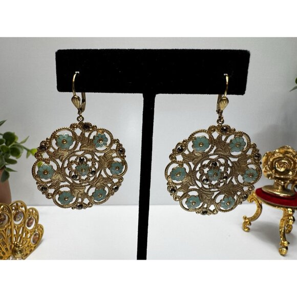 Vintage Gold Filigree Drop Earrings Turquoise Enamel Floral Boho Statement - Picture 2 of 8